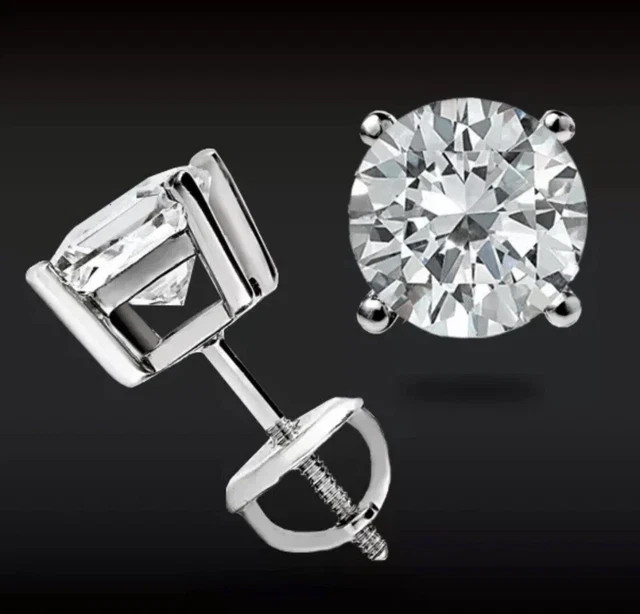 Real Moissanite 1Ct Round Cut Stud Earrings 14K White Gold Plated