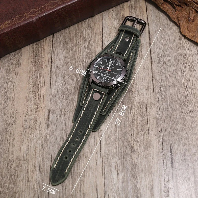 Wide Leather Watch Cuff Band Brown Wrist Black Strap Punk Retro Quartz Mens New