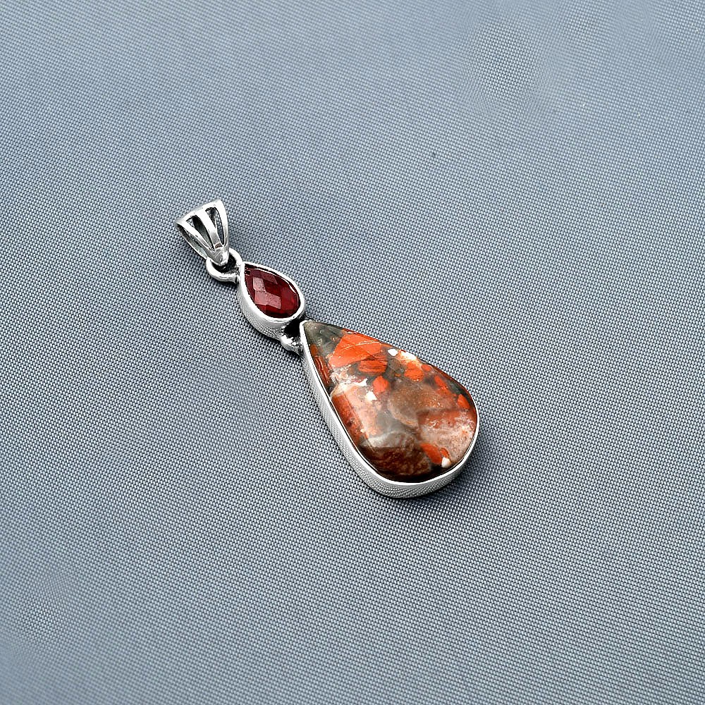 Red Brecciated Jasper & Garnet 925 Sterling Silver Pendant Jewelry P-1077
