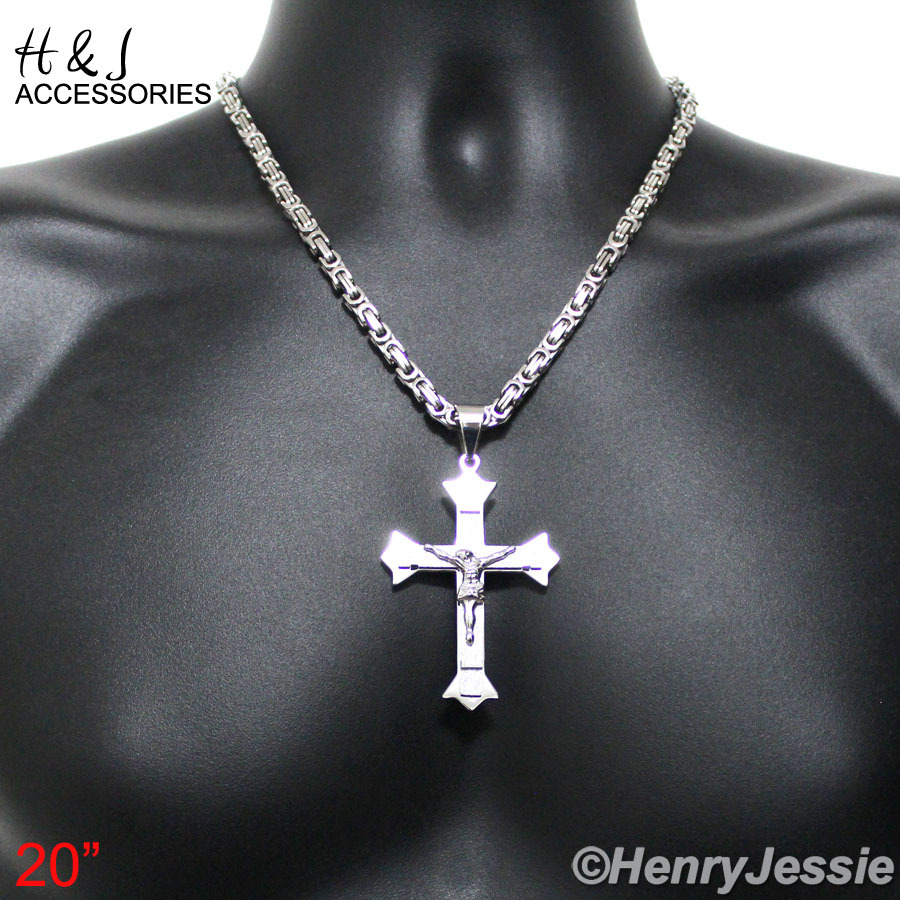 20″MEN Stainless Steel 6mm Silver Byzantine Box Chain JESUS Cross Pendant*P28