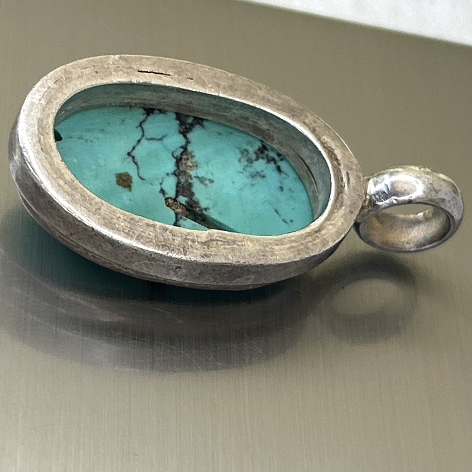 Vintage Turquoise Silver Oval Pendant 1 1/2″ x 3/4″ 13G