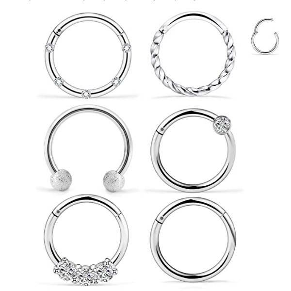 6-8PC Steel Hinged Septum Clicker Segment Nose Ring Cartilage Daith Lip Hoop 16G
