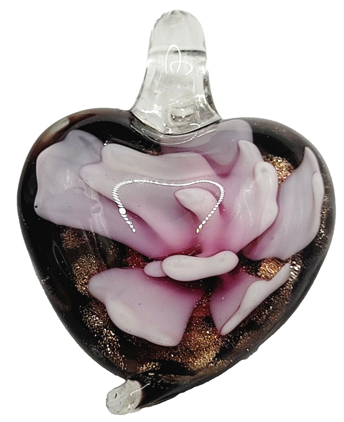 Glass Heart Dusty Rose Artisan Craft Lampwork Style Floral Foil Glitter Pendant