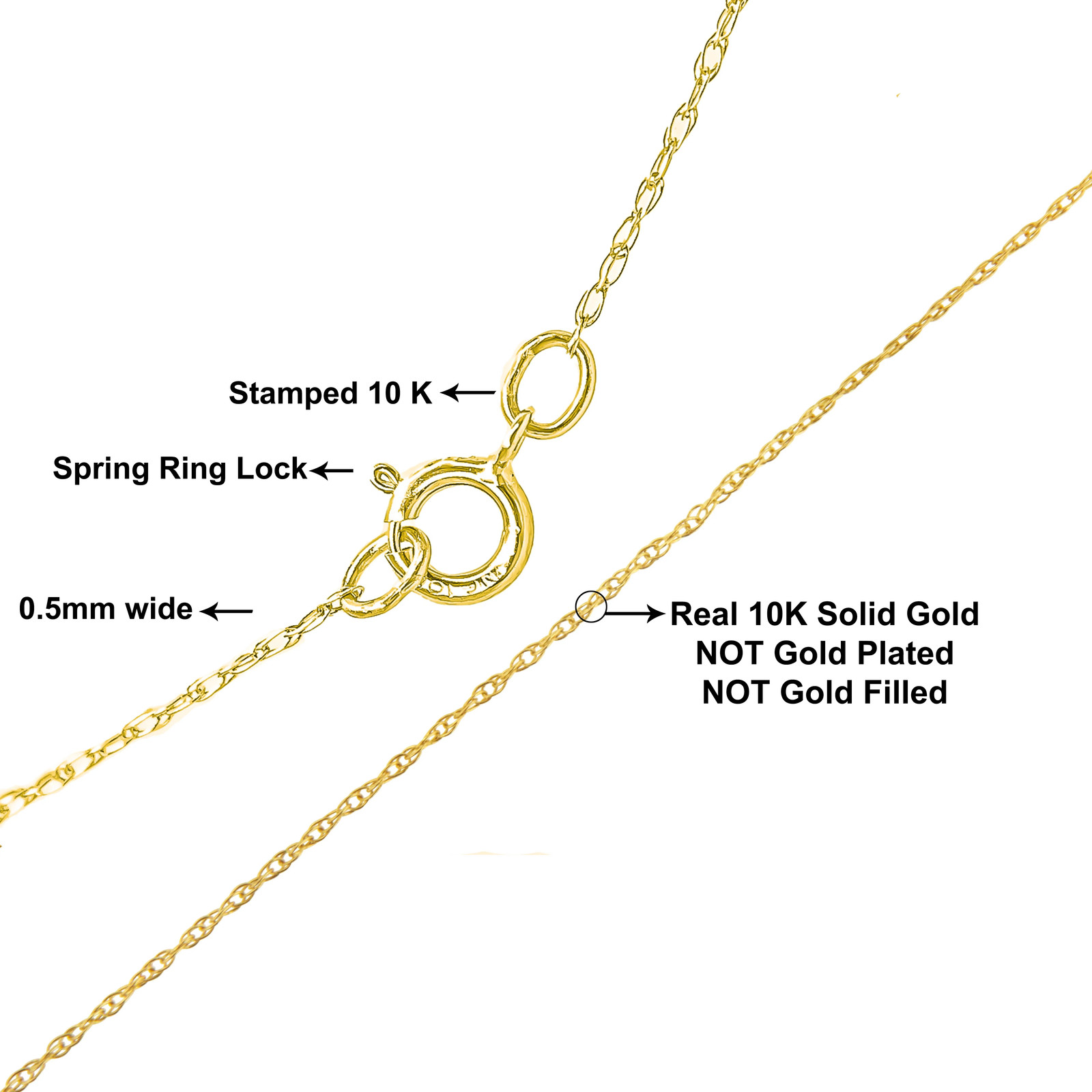 Solid 10K Yellow Gold 0.5mm Slim and Dainty Unisex 18″ Rope Chain Necklace