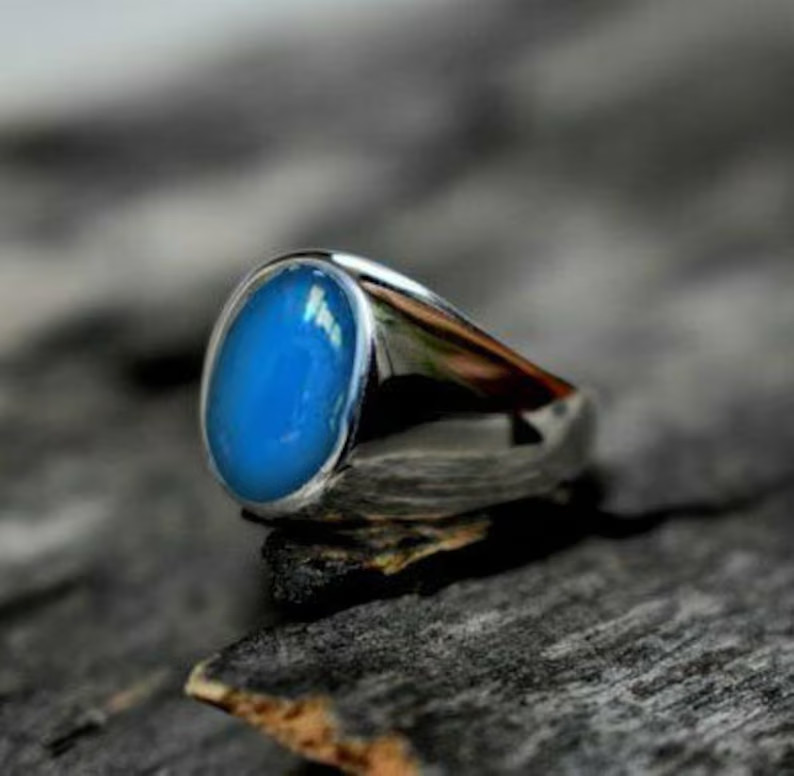Solid 925 Sterling Silver AA Natural Blue Chalcedony Gemstone Men’s Unisex Ring