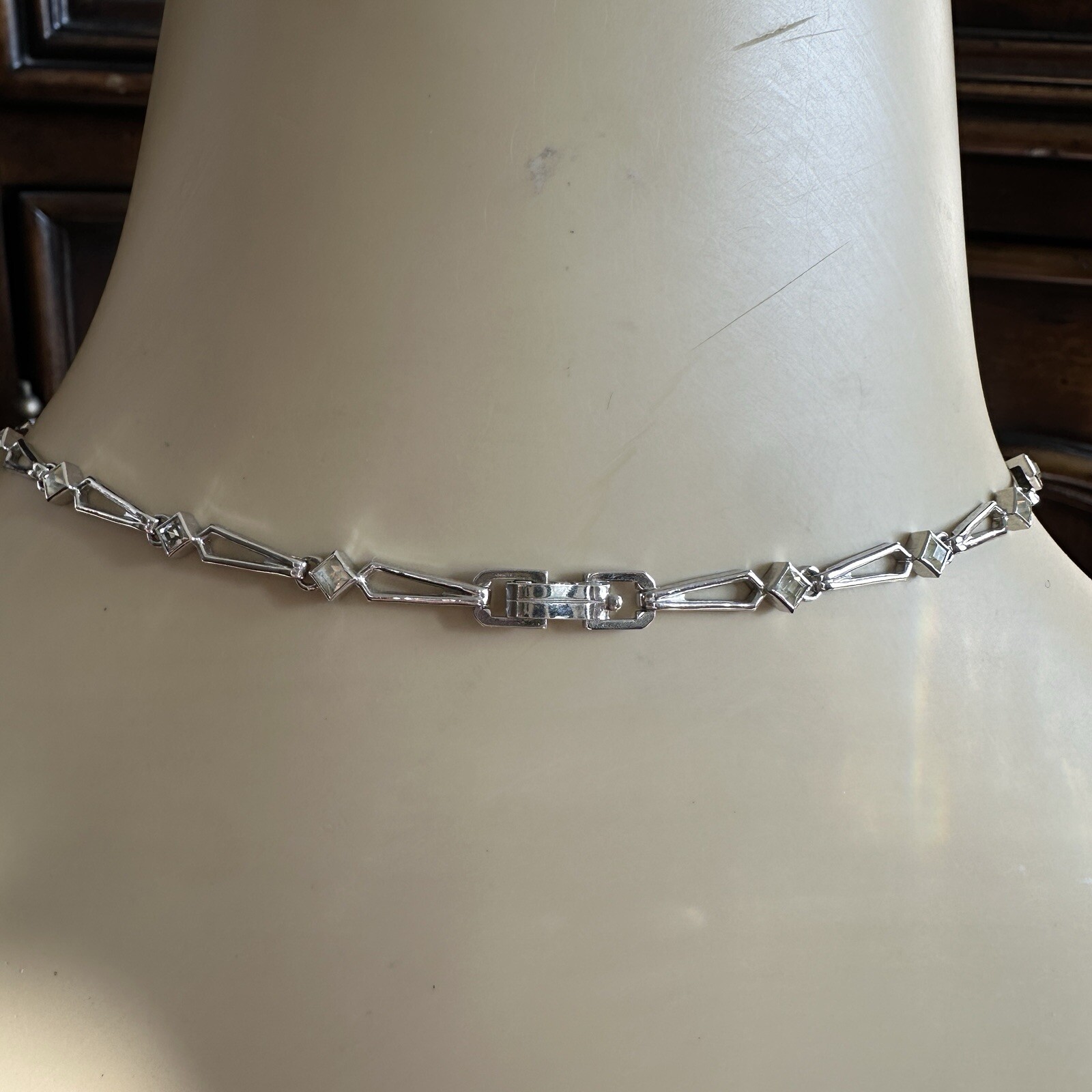 VTG Engel Brothers Art Deco Link Necklace 15 Inch Clear Blue 925 Sterling 16.8g