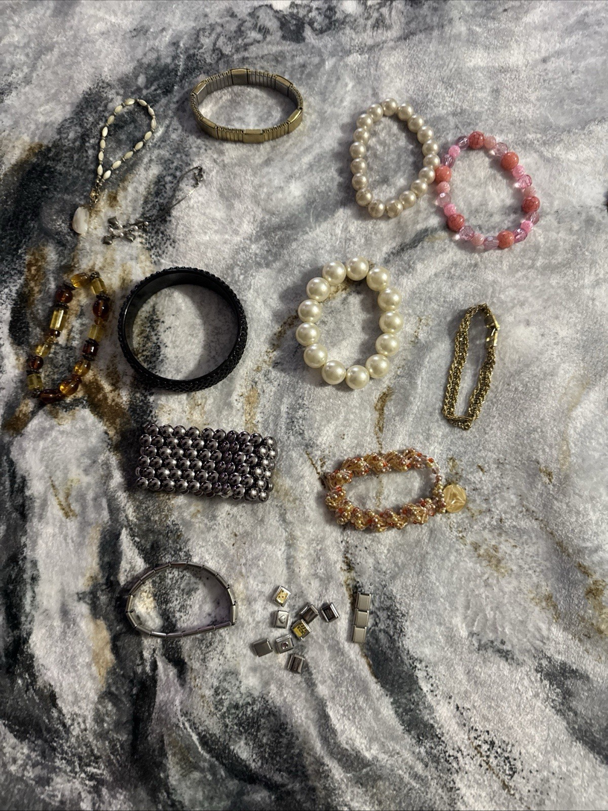 12 Vtg Bracelet Stones Metal Faux Pearl Beads Some Stretchable