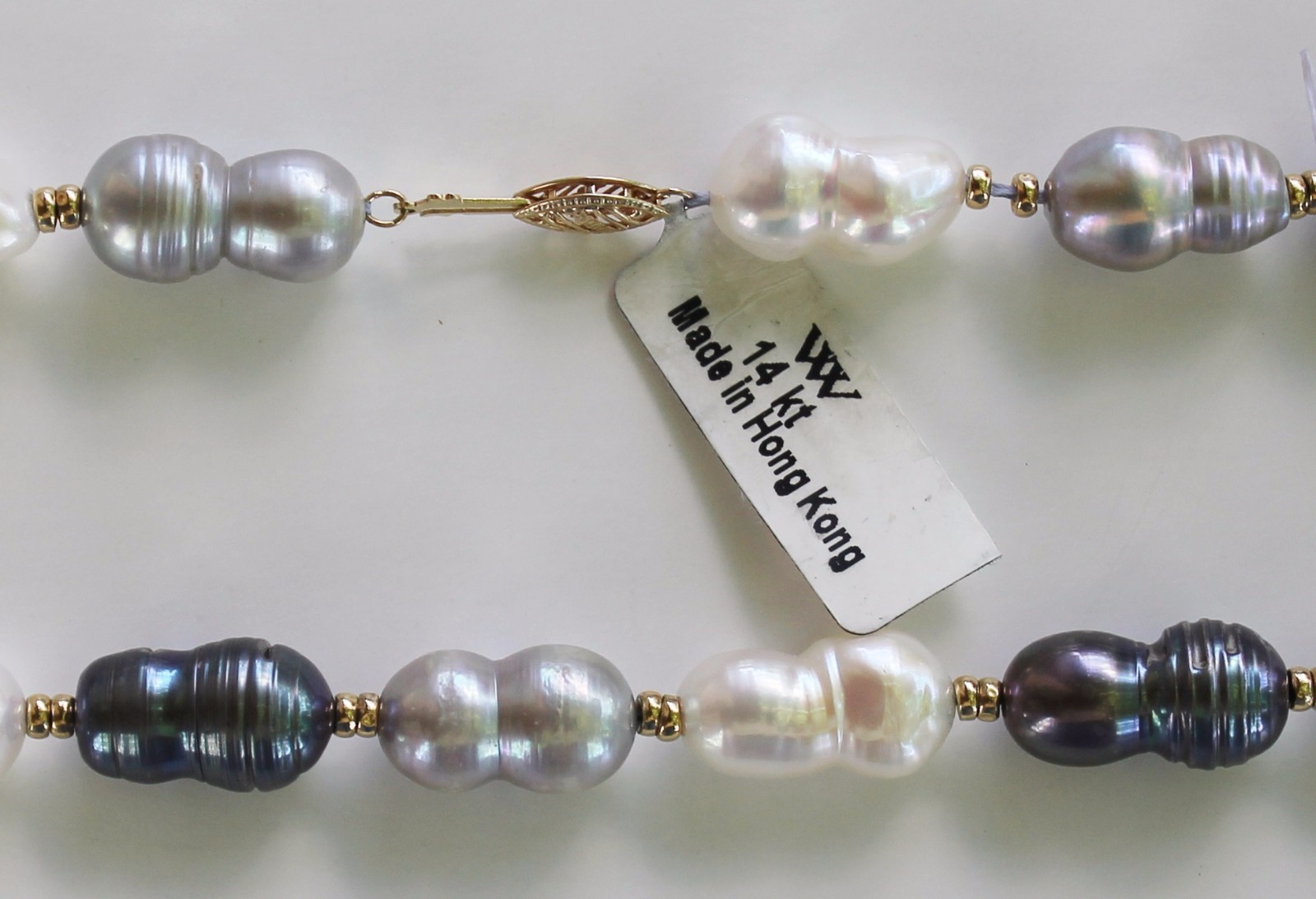Huge 16 inch long ~ 11 x 18 mm Real Black Grey White Pearl Necklace ~ 14k Gold