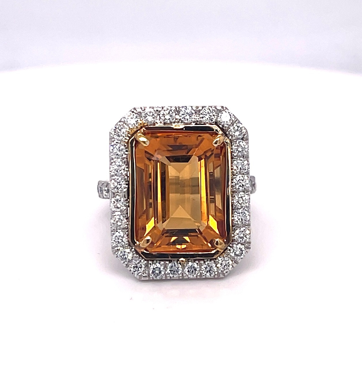 Emerald Cut Citrine and Diamond Ring 7.71 carats. Set in Platinum/18KYG
