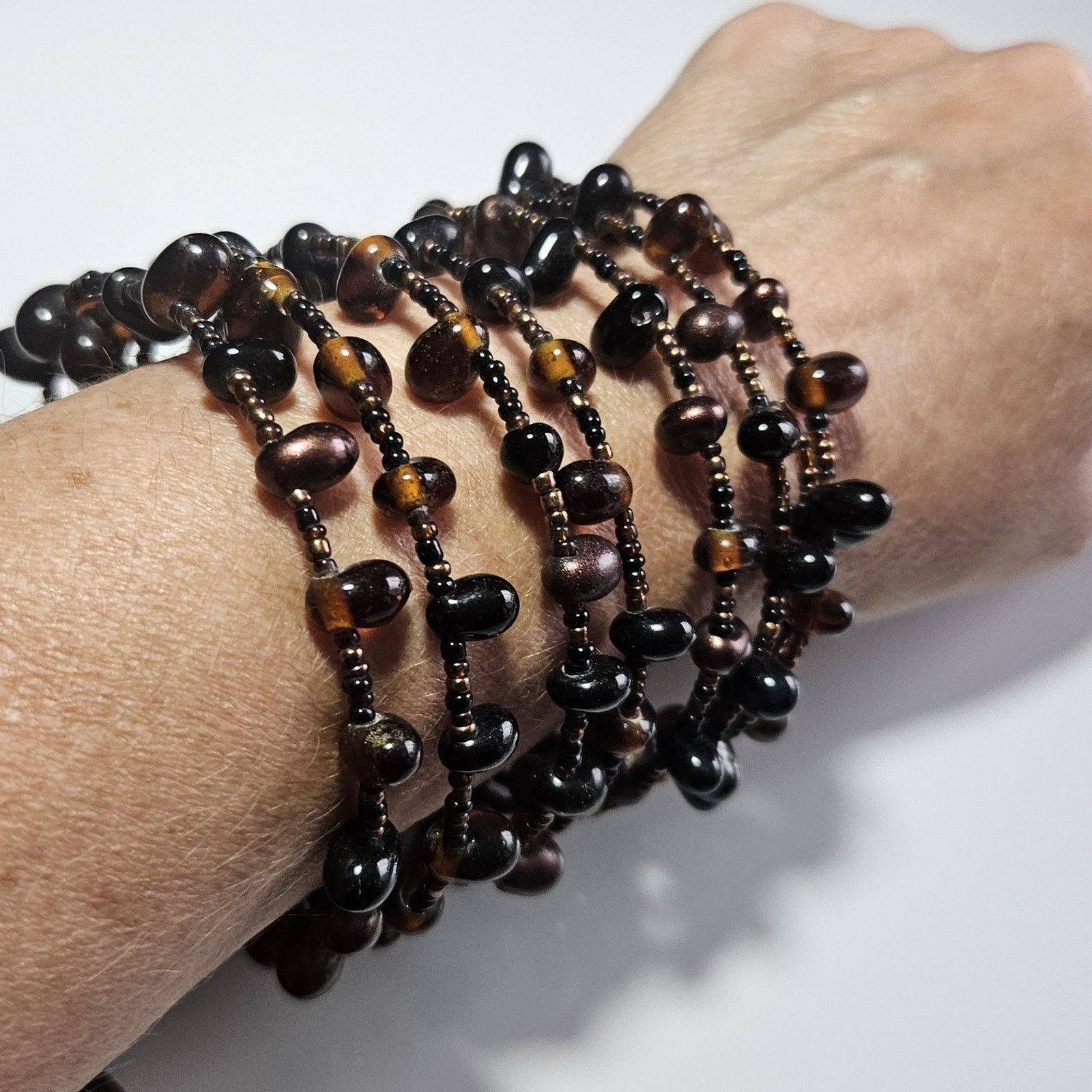 Brown Glass Beaded Wrap Around Bracelet Artisan Seed Bead