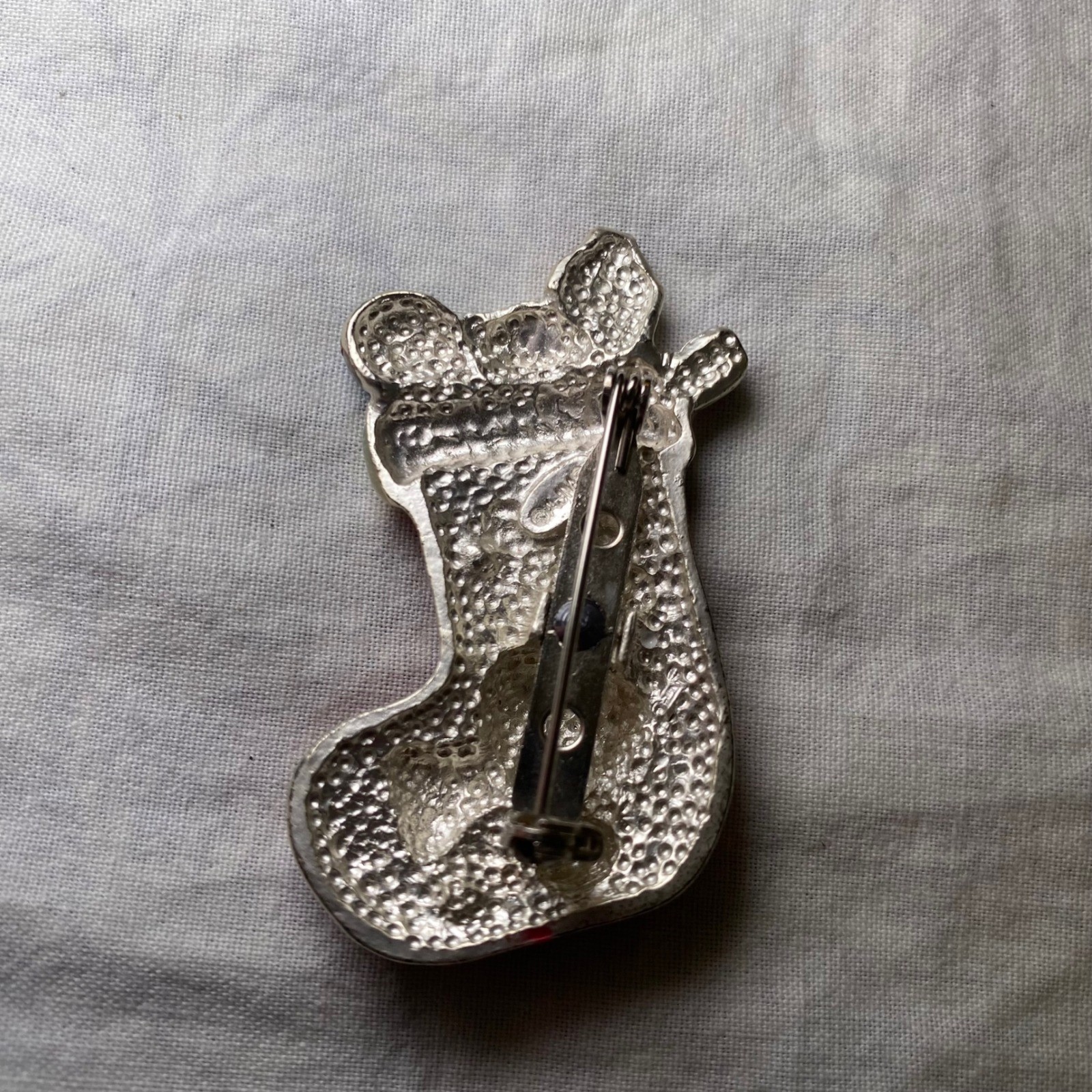 Vintage AJMC Christmas Stocking Kitten Cat Enamel Rhinestone Brooch Pin Holiday