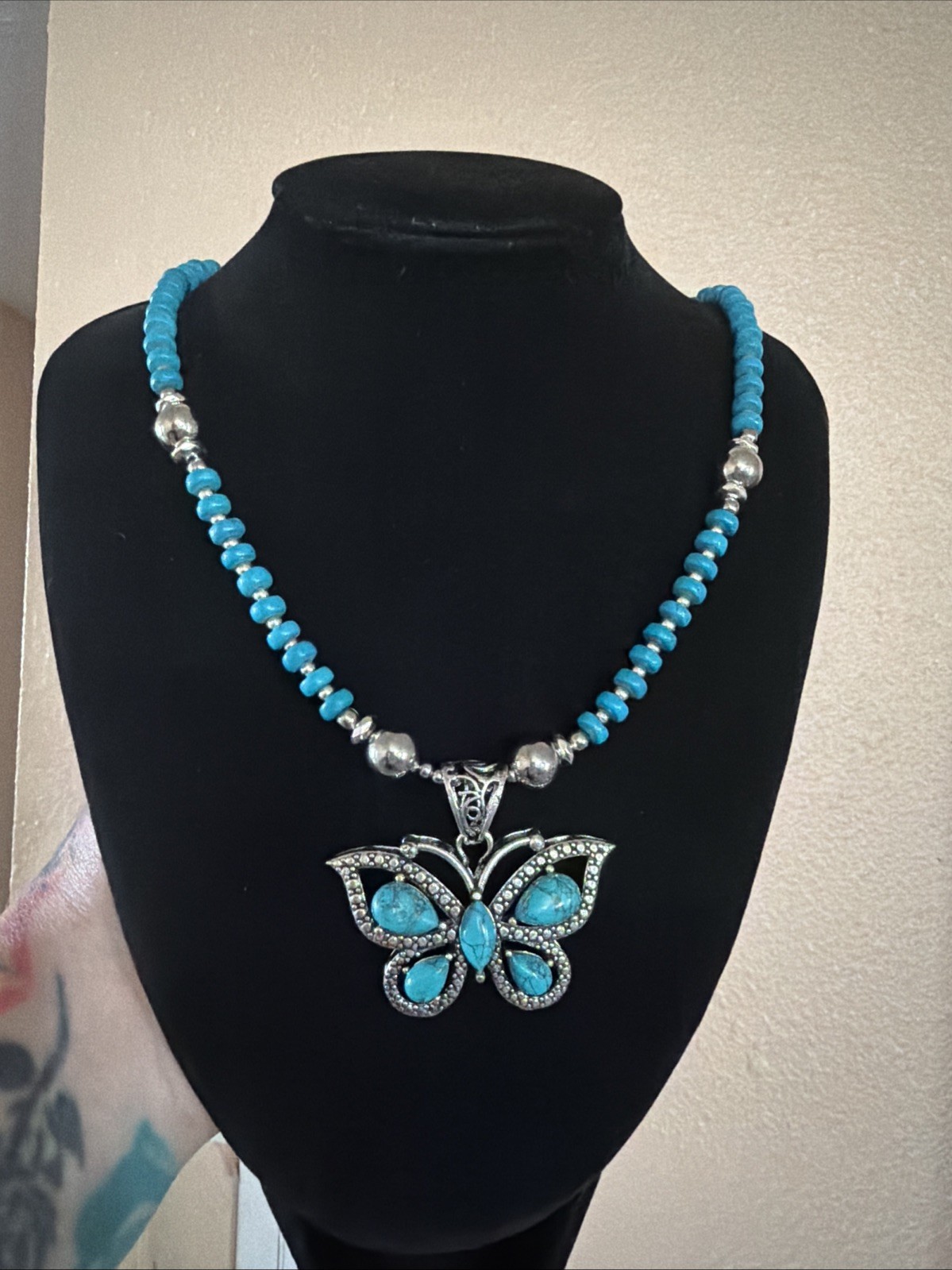 Handmade Butterfly 925 Silver And Turquoise Beaded Necklace 19-21 Inches