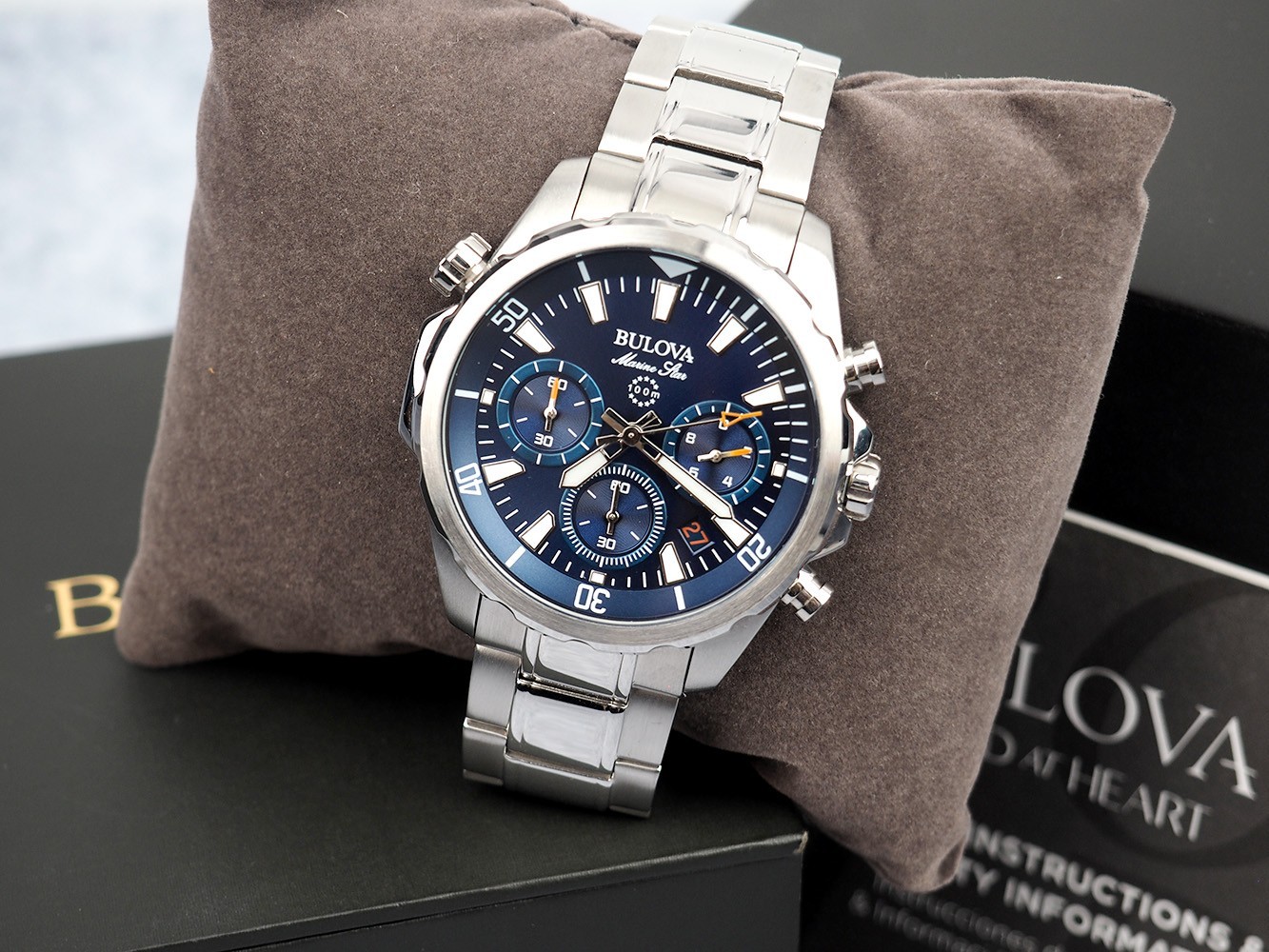 Bulova Men’s Marine Star 96B256 Blue Dial Stainless Strap Quartz Watch 44 mm