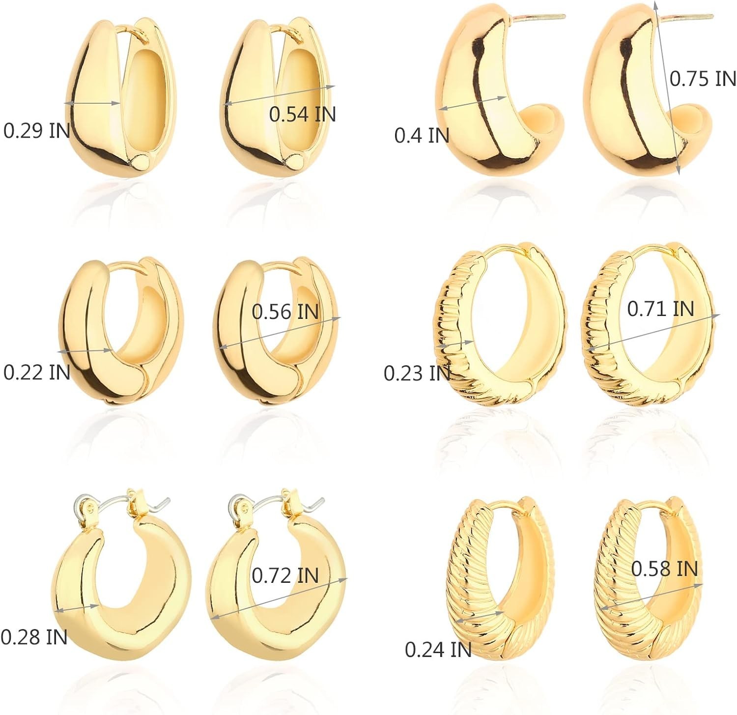 6 Pairs Women’s Gold Hoop Earrings Set – Gift Box Included