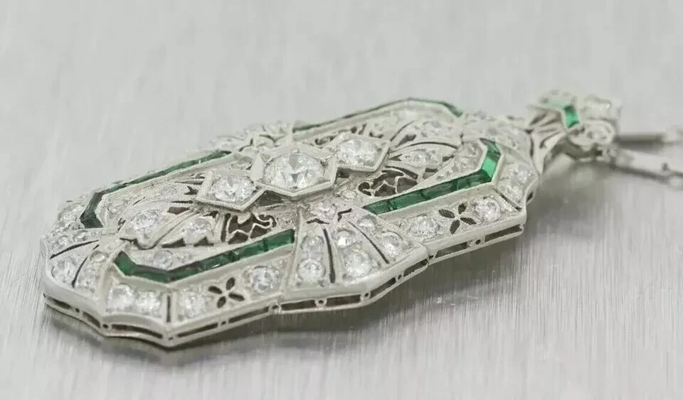 Vintage Style lab Created Diamond Emerald Wedding Pendant 14k White Gold Finish