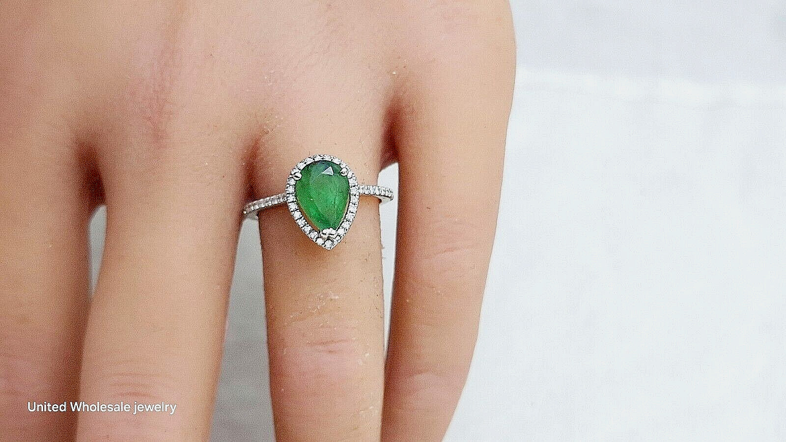 2.38Ct Genuine Mined Pear Emerald & Diamond Ring In Solid 14K White Gold