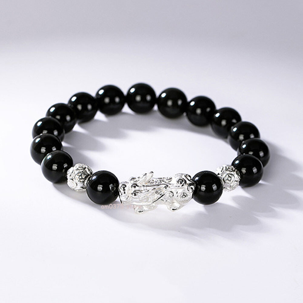 Real 999 Pure Silver Bracelet Man Women Obsidian Dragon Pixiu Beaded Link 7.1”L
