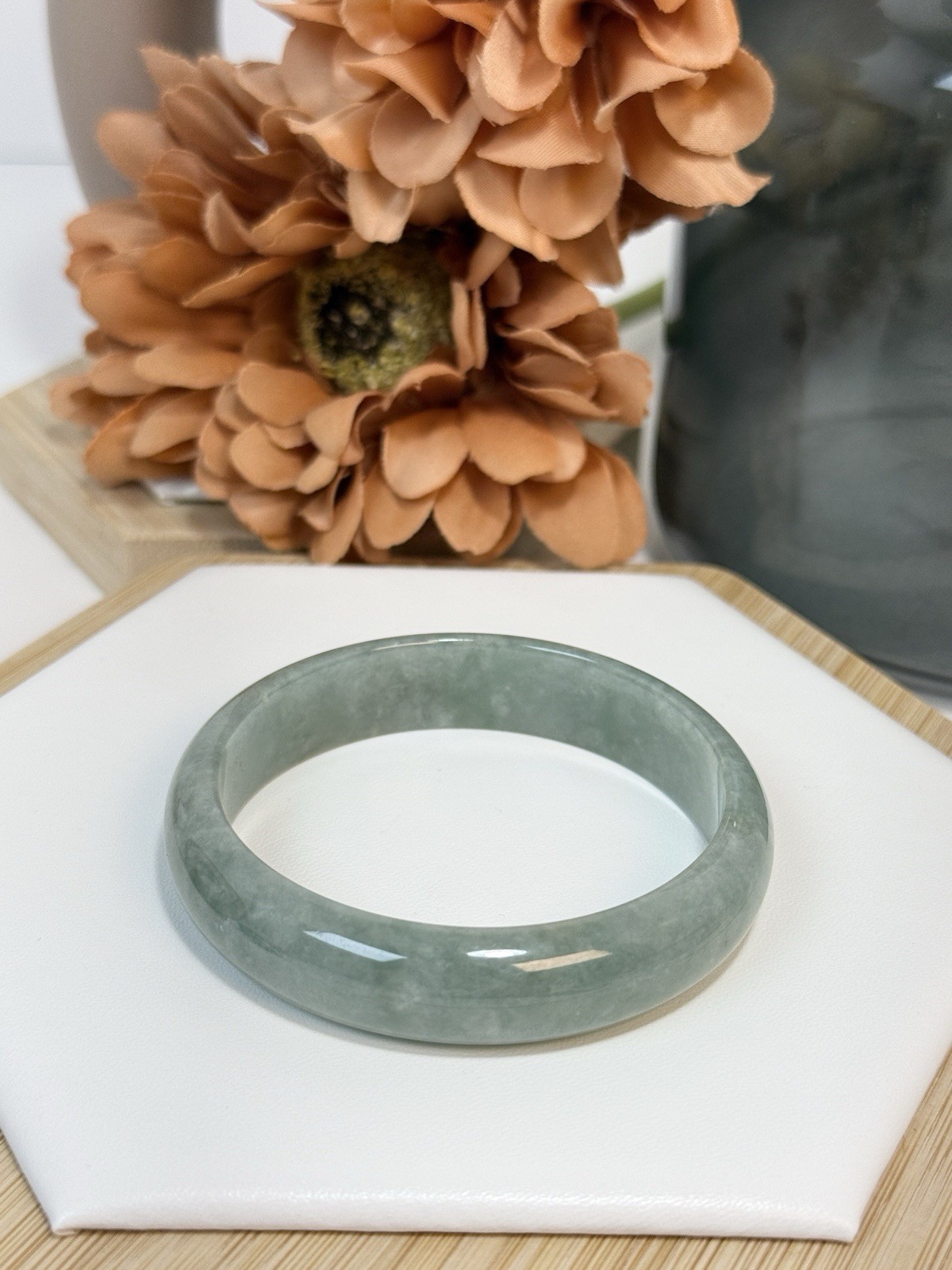 Jadeite Icy Apple Green Hard Bangle Size: 55.9MM Width: 13.2MM w/Certificate