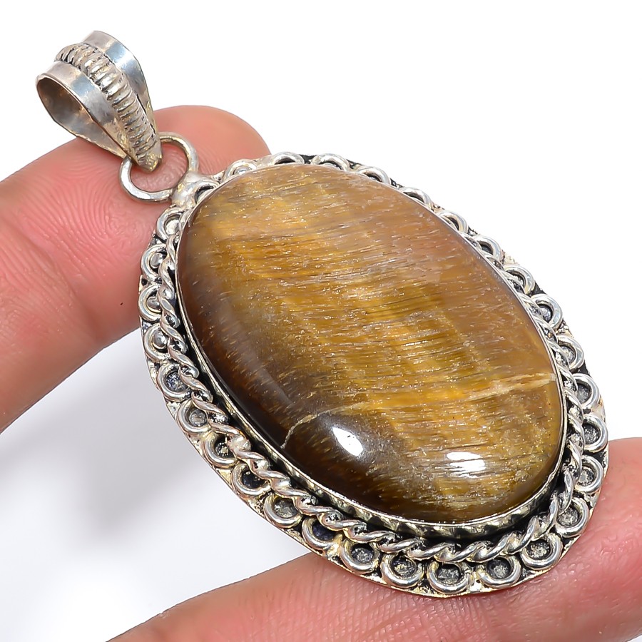 Natural Vintage Style Tiger’S Eye Gemstone 925 Silver Plated Pendant 2.52″ T77