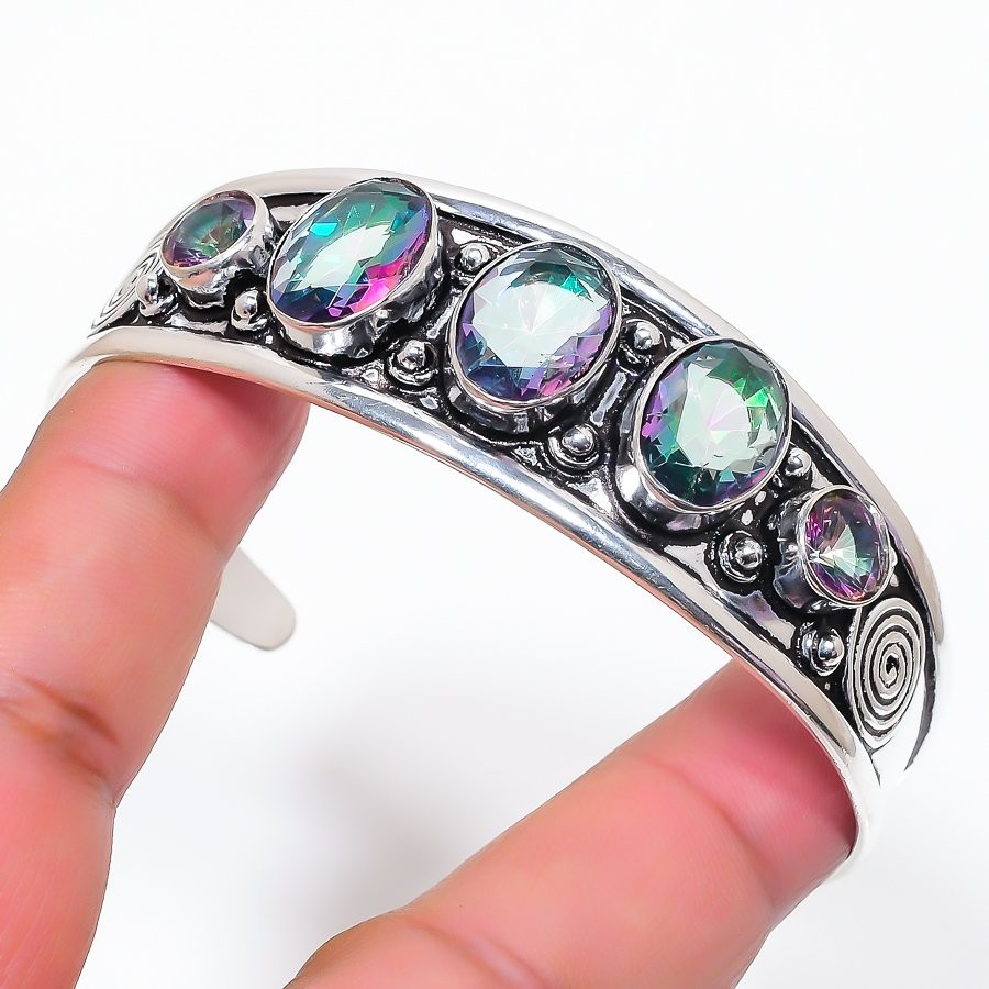 Mystic Topaz Gemstone 925 Sterling Silver Jewelry Adjustable Cuff Bracelet
