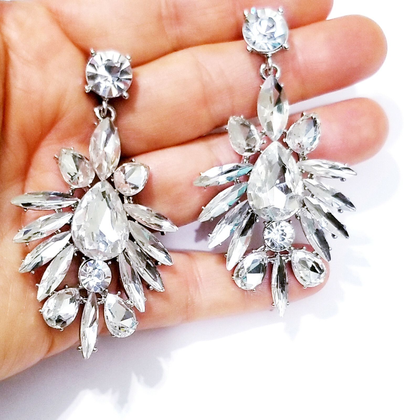 Clear Chandelier Drop Earrings Rhinestone Crystal 2.8 in