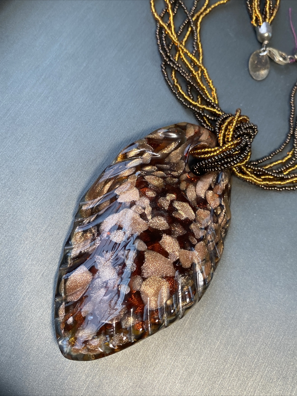 Vintage Pendant Necklace Handblown Murano Italy Art Glass 24K Gold Fleck Signed