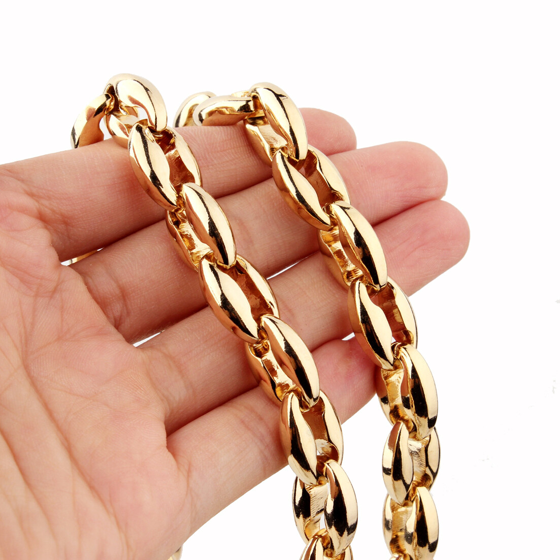 6.5/7.5/12mm Polished Silver Stainless Steel Hollow Coffee Bean Chain Necklace