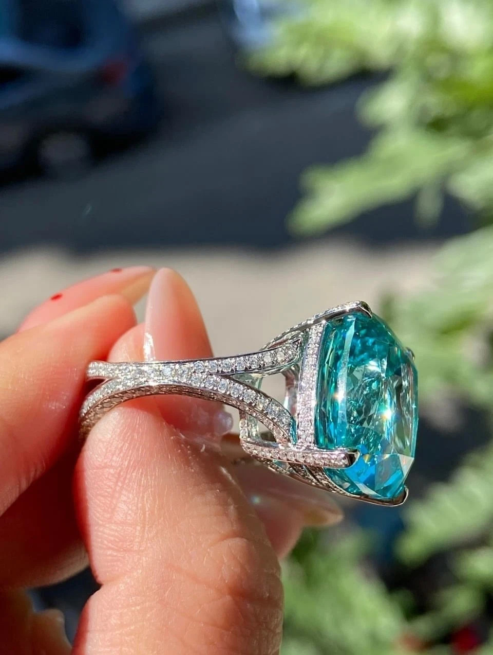 5.59 CTW Premium Cushion Paraiba Tourmaline & Diamond Ring Solid 18K White Gold