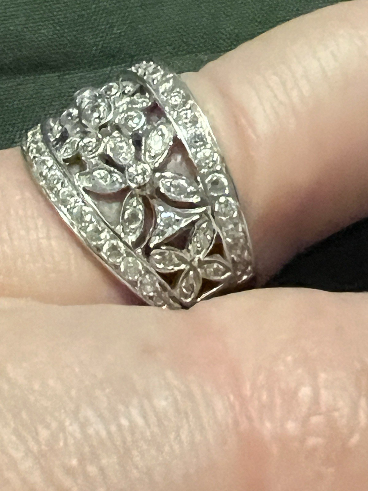 Vintage QVC Diamonique Solid White Gold Open Art Nouveau Floral CZ Ring Size 9