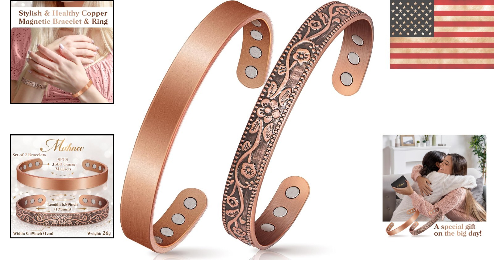 Chic 100% Copper Magnetic Bracelet with 6 x 3500 Gauss Magnets – Gift of Relief