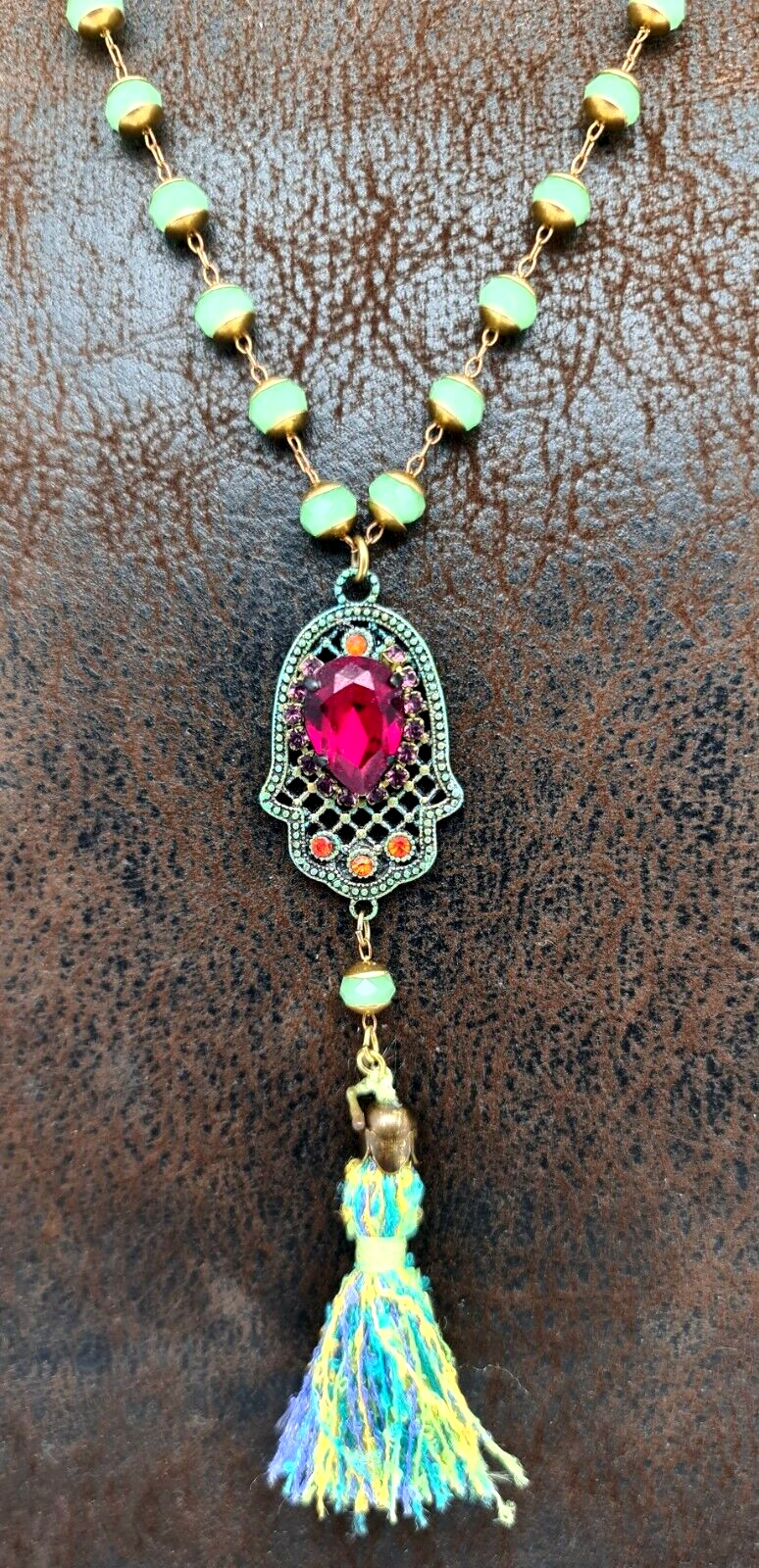 Beautiful Long Necklace With Hamsa Pendant With Crystals By Michal Negrin