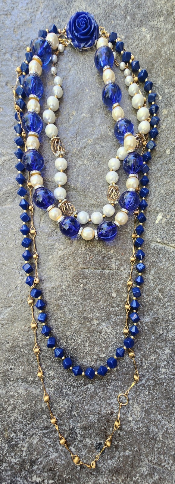 Vintage Upcycled 4 Strand Beaded Necklace. Blue An Gold