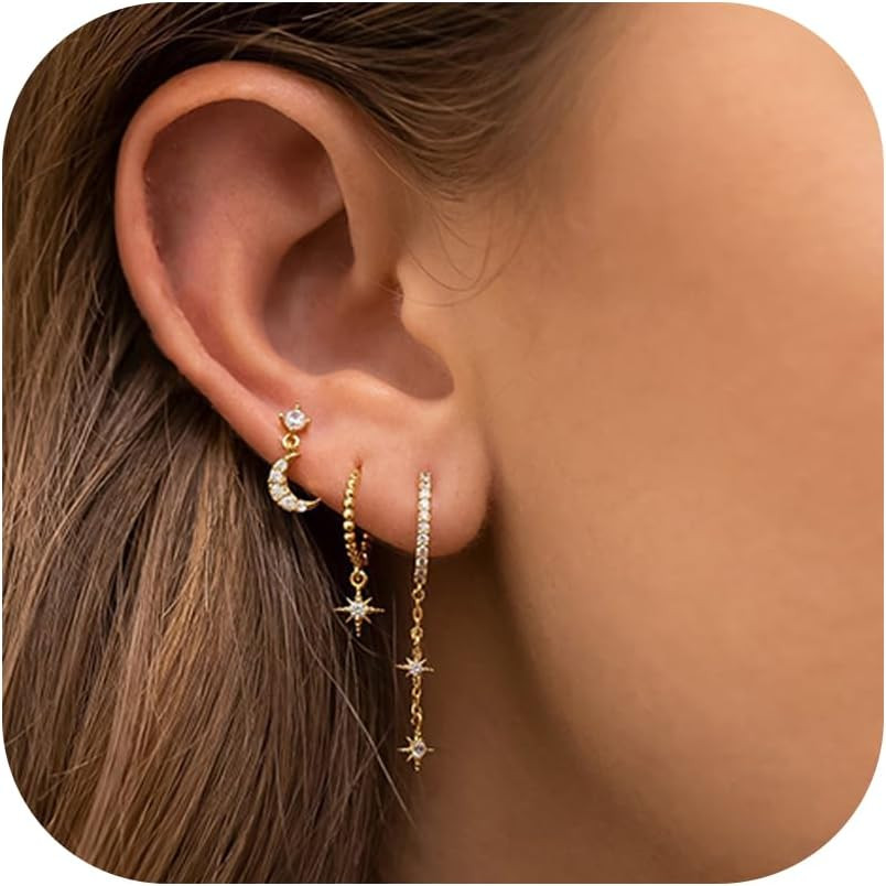 3Pairs 14K Gold Stud Hoop Earrings Set for Women Butterfly Moon Star Flower Evil