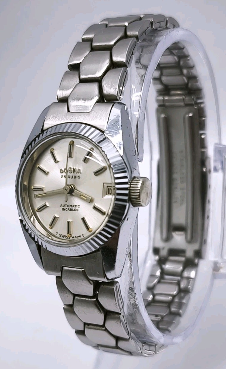 Vtg 1970s Dogma Deluxe Automatic Steel Bracelet 22mm Ladies Watch Cal ETA 2551