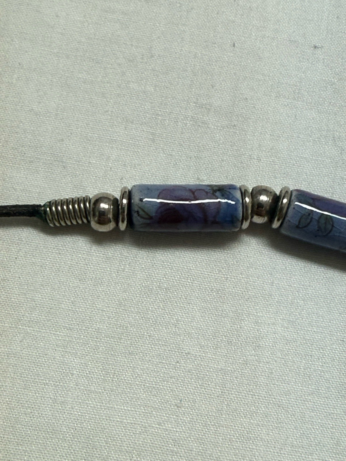 1980’s Ceramic Enamel Beads Silvertone Spacers Black Cord Neckalce