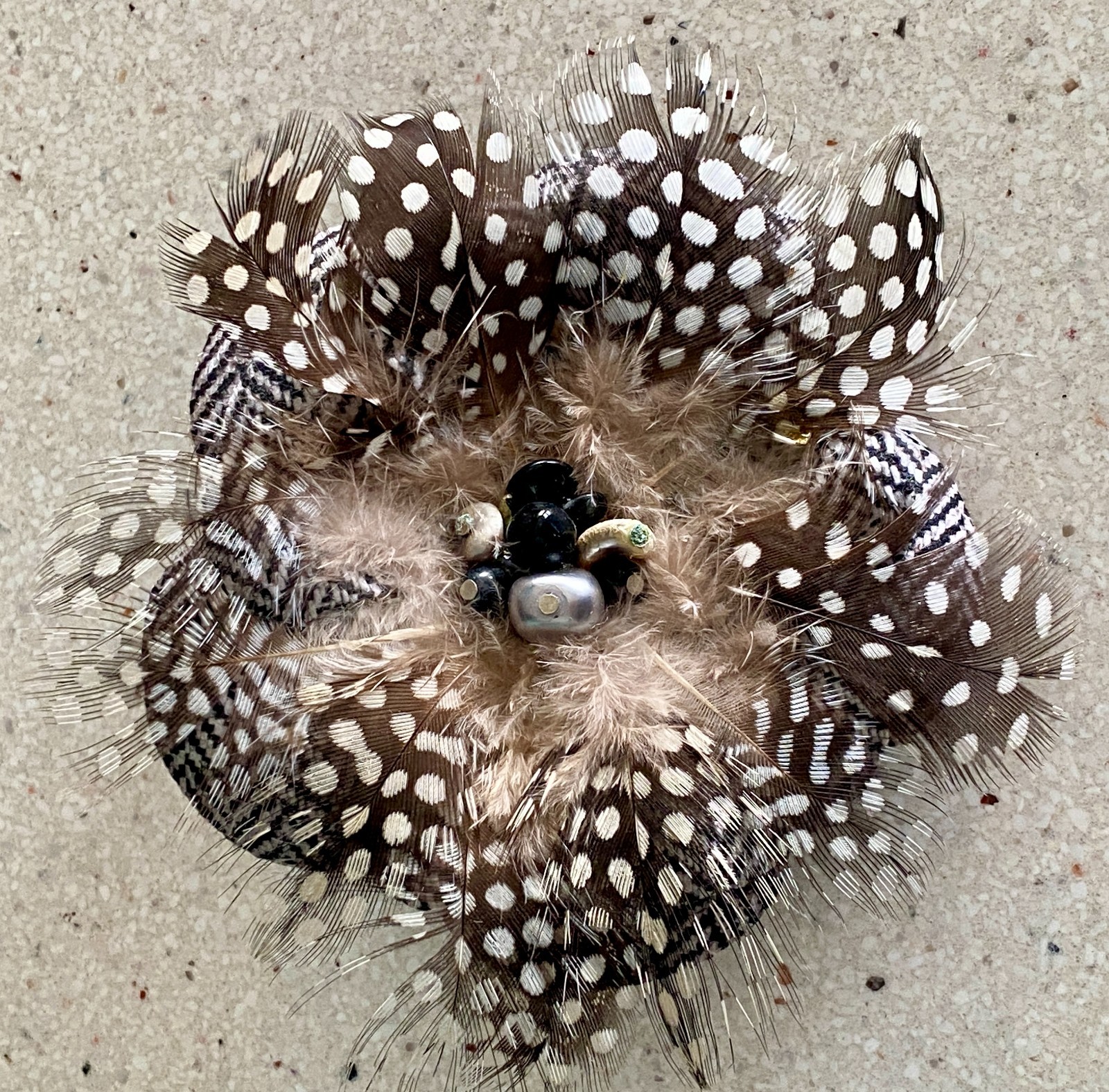 Vintage Real Guinea Bird Feather Brooch Plume Statement Beaded Black White