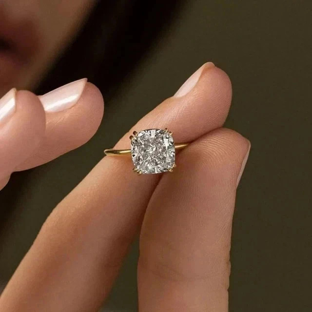 3CT Cushion-Cut VVS1 Moissanite Solitaire Engagement Ring 14k Yellow Gold Plated