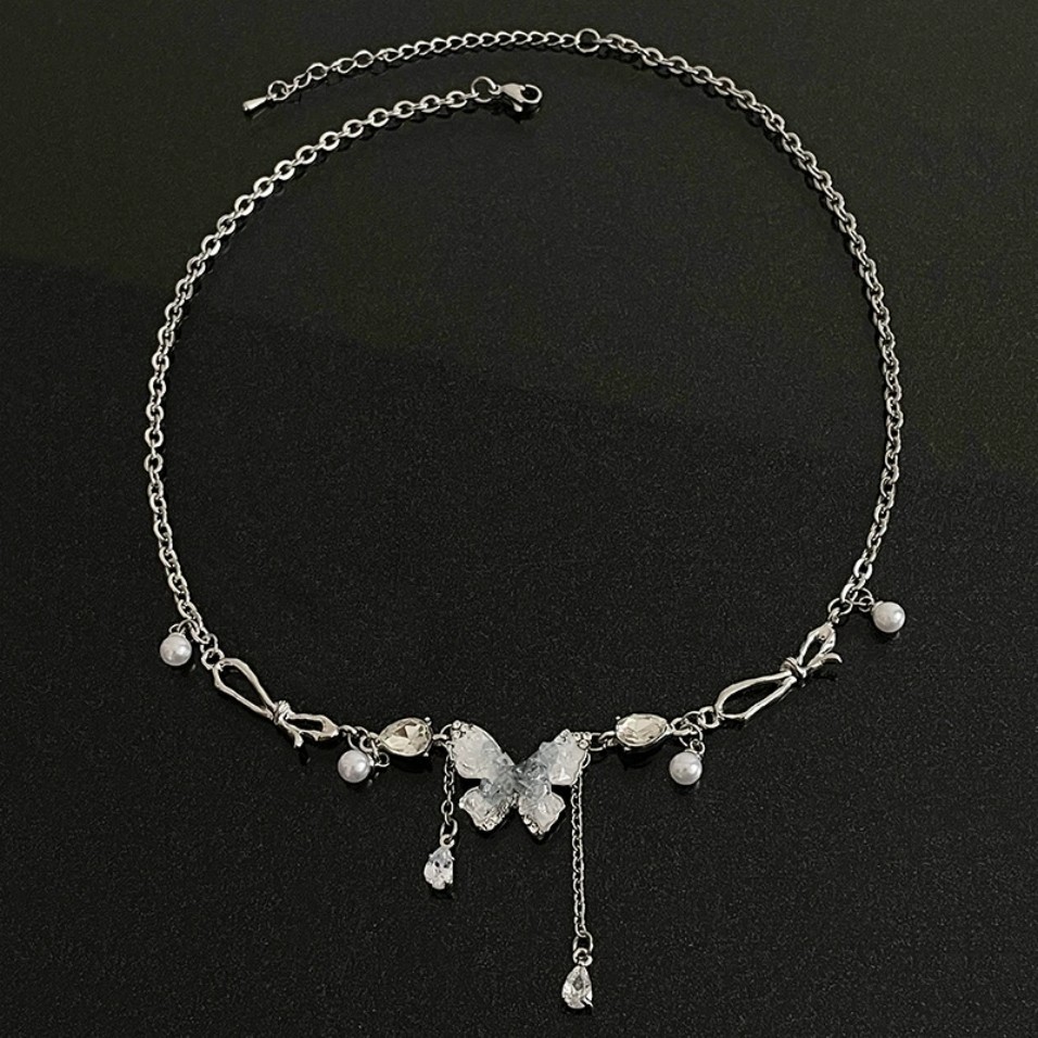 Gradient Blue Crystal Butterfly Pearl Tassel Silver Plated CZ Choker Necklace