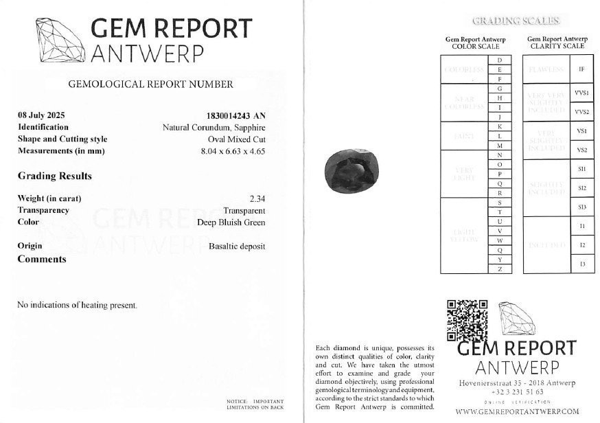 Natural No Heat Greenish Blue Sapphire 2.34ct Oval Cut GRA Certified