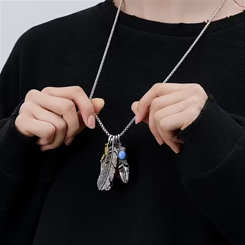 Feathers Necklace Jewelry Native American Nature Silvery Turquoise Pendant
