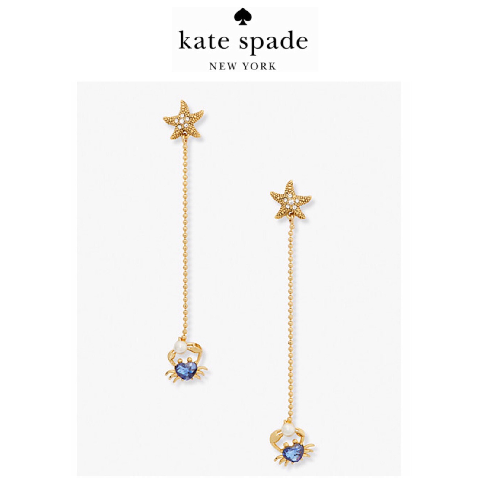 NWT Kate Spade SEA STAR CRAB 12-K Gold Plated CZ Stone/Glass Pearl Drop Earrings