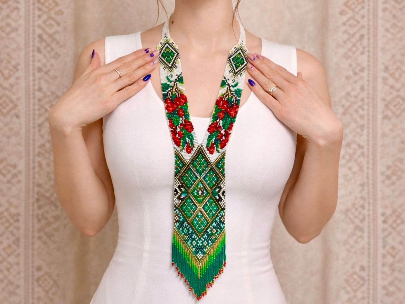 Ukrainian Handmade Beaded Gerdan Necklace Green Folk Boho Jewelry Gift Her