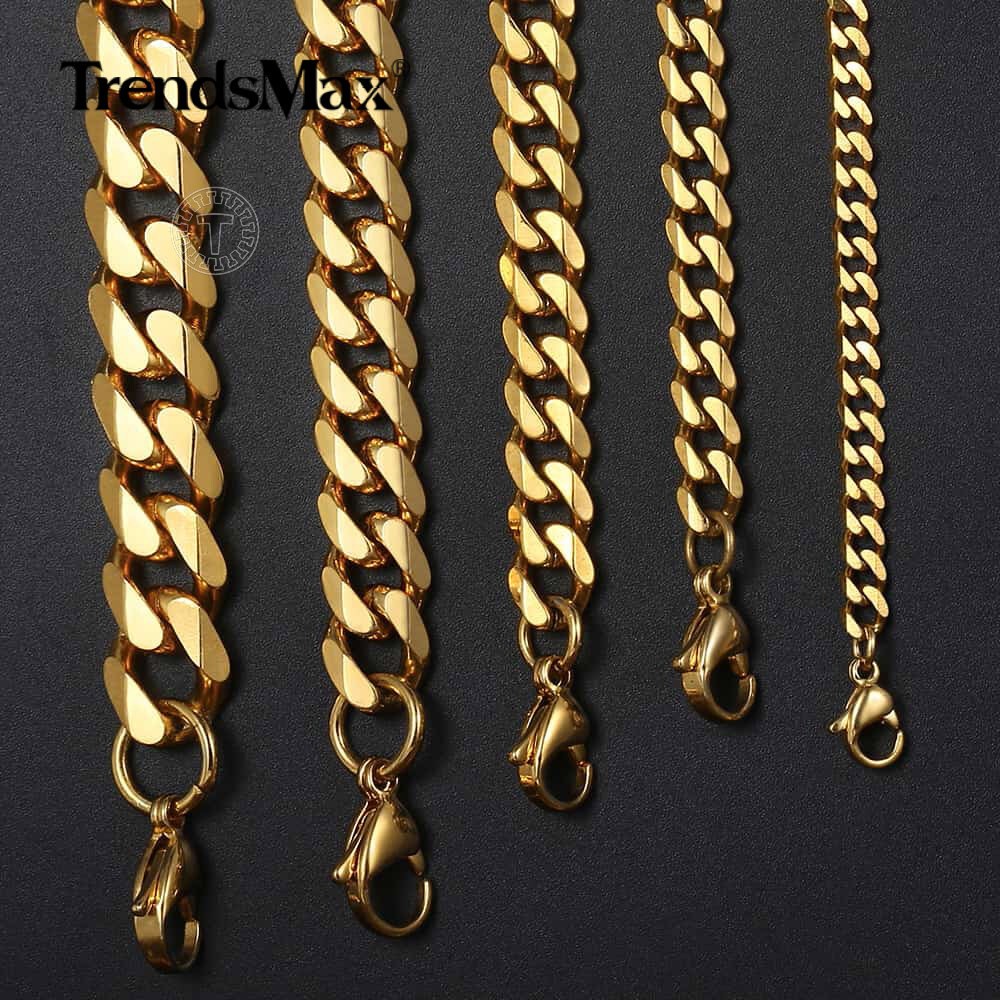3/5/7/9/11mm Gold Plated Stainless Steel Cuban Chain Necklace Bracelet Men Women