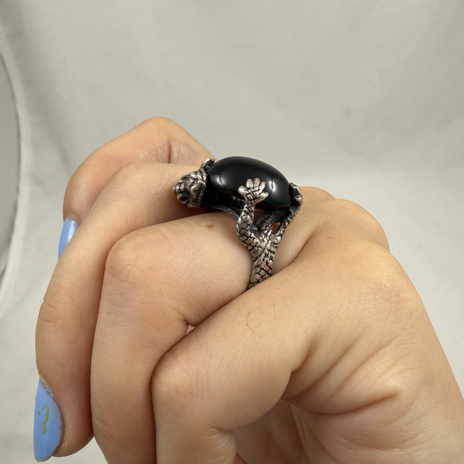 Vintage Sterling Silver Black Onyx Dragon Ring size 4.75 9.2 Grams