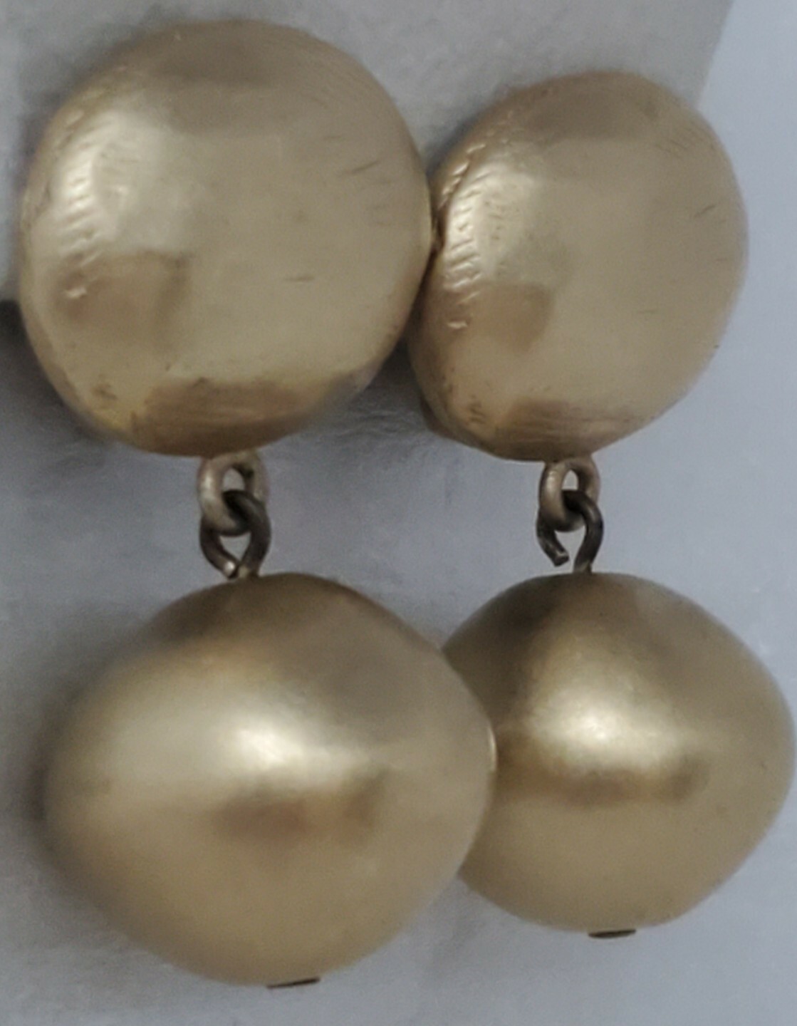 Vintage Donna Karan DKNY Signed Brush Matte Gold Tone Dangle Ball Clip Earrings