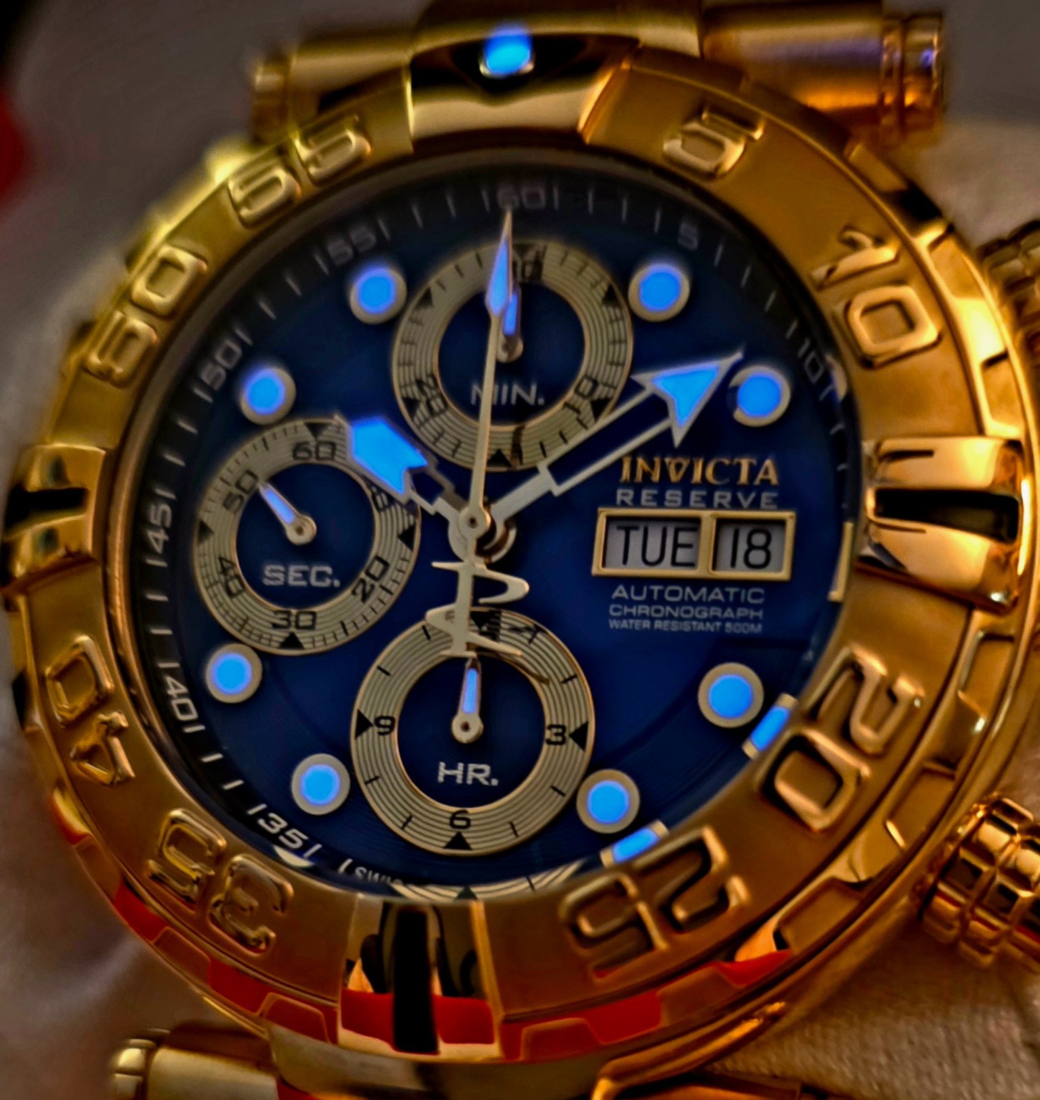 INVICTA SWISS MADE SUBACQUA NOMA I VALJOUX 7750 AUTO CHRONO LE BLUE DIAL & 18KT