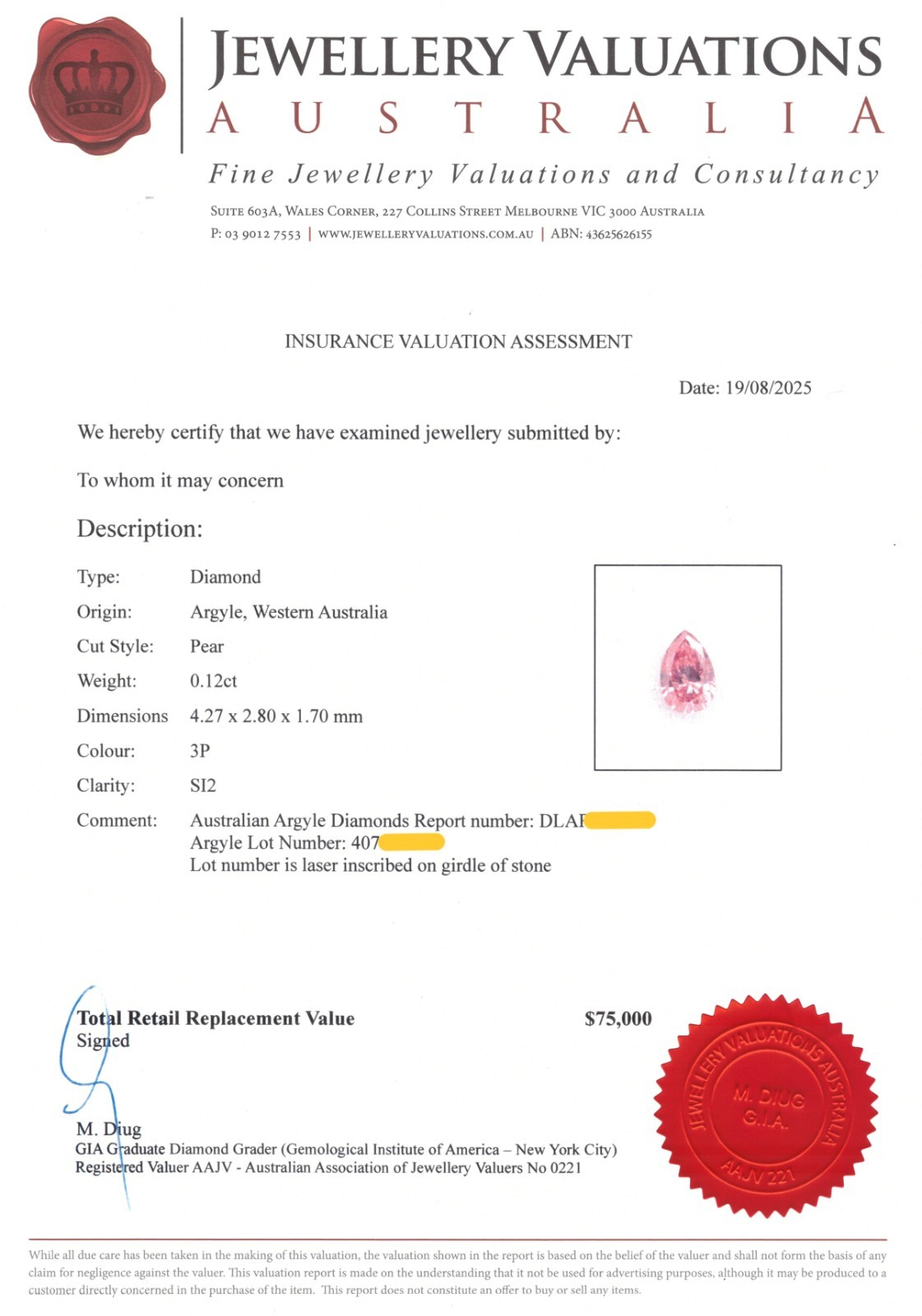 Argyle Pink Diamond 0.12ct 3P SI2, with Argyle Certificate, Investment Grade