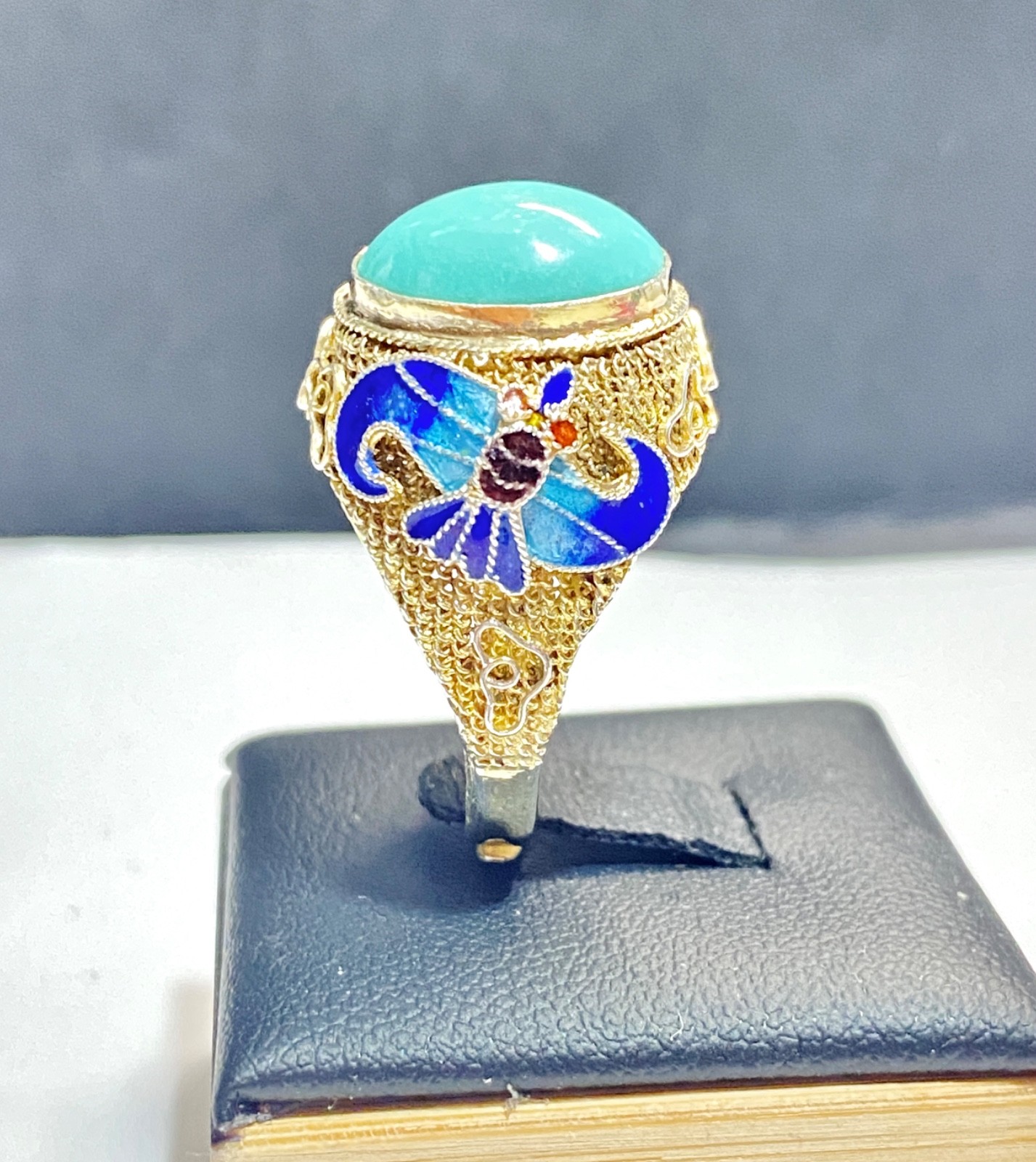 Vintage Chinese Export Silver Vermeil Turquoise & Enamel Adjustable Sized Ring