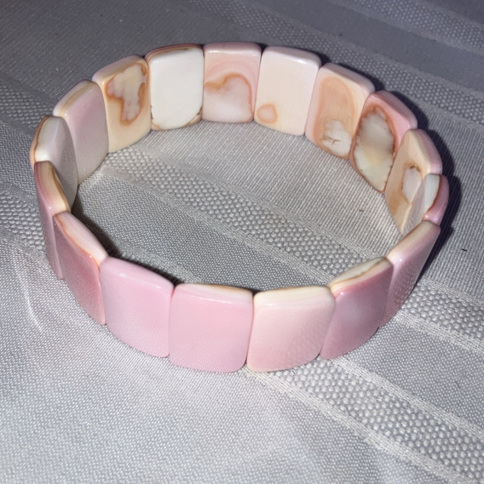Pink Conch Shell Rectangle Beaded Stretch Bracelet 7.5″ Flexible 1 inch wide