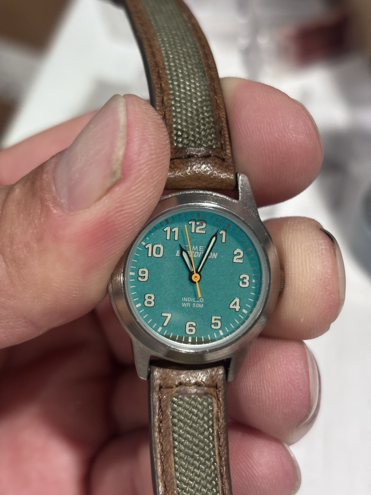 Timex Expedition Analog Quartz 50m Green Dial Brown Leather Strap Indiglo